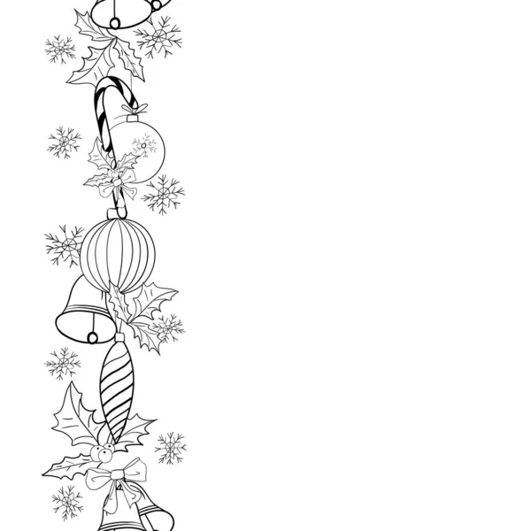 Handgezeichnete Weihnachtsbordüre Aus Zweigen Mit Kugeln Und Dekorationen Zur Gestaltung — Stockvektor
