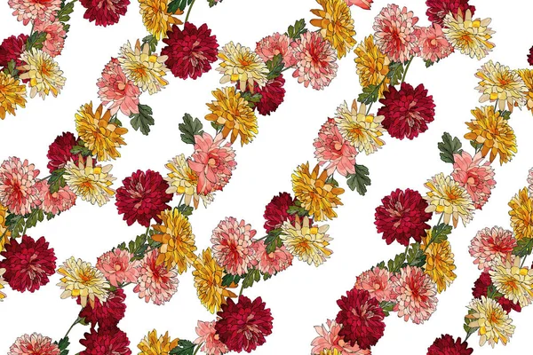 Patrón Sin Costura Vectorial Con Flores Hojas Crisantemos Patrón Floral — Vector de stock