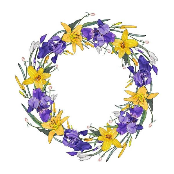Hermosa Corona Floral Con Flores Amarillas Púrpuras Aisladas Sobre Fondo — Archivo Imágenes Vectoriales