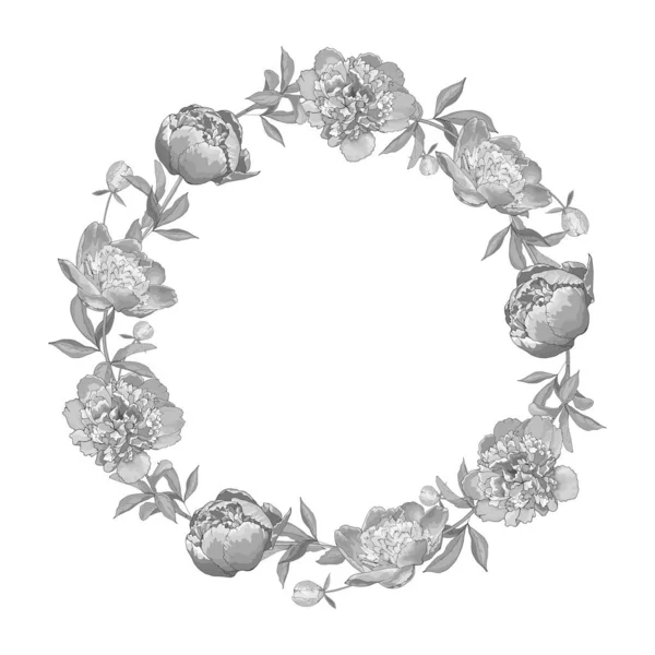 Hermosa Corona Floral Con Peonías Flores Aisladas Sobre Fondo Blanco — Archivo Imágenes Vectoriales