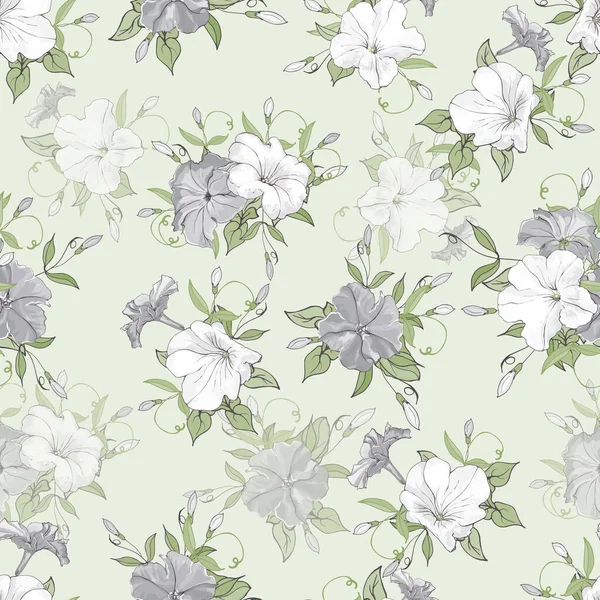 Motif Vectoriel Sans Couture Avec Des Fleurs Des Feuilles Pétunia — Image vectorielle