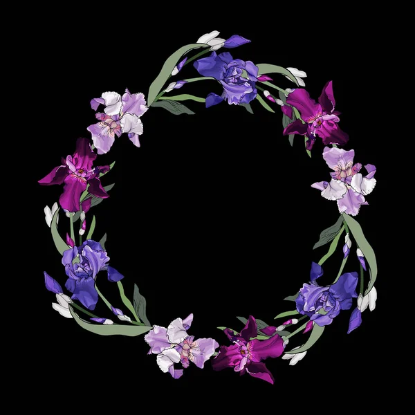 Hermosa Corona Floral Con Iris Flores Aisladas Sobre Fondo Blanco — Archivo Imágenes Vectoriales