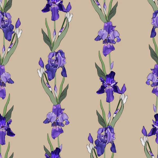 Vektor Nahtloses Muster Mit Iris Blüten Und Blättern Blumenmuster Für — Stockvektor