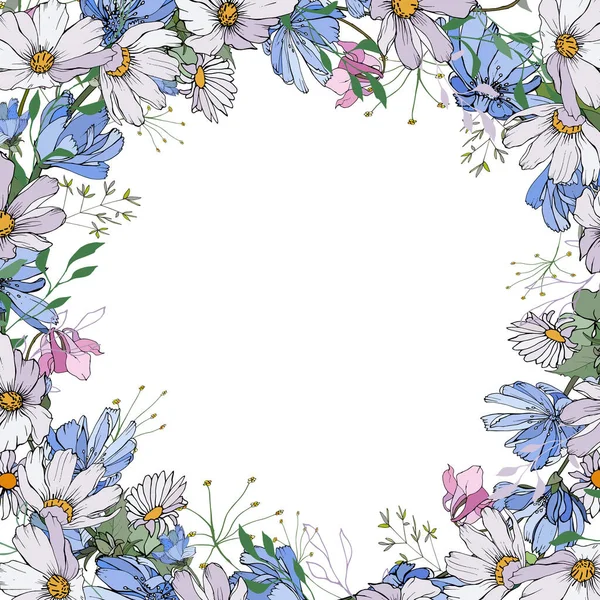 Beyaz arka planda yaban çiçekleri olan güzel çiçek çelengi, vektör, illüstrasyon