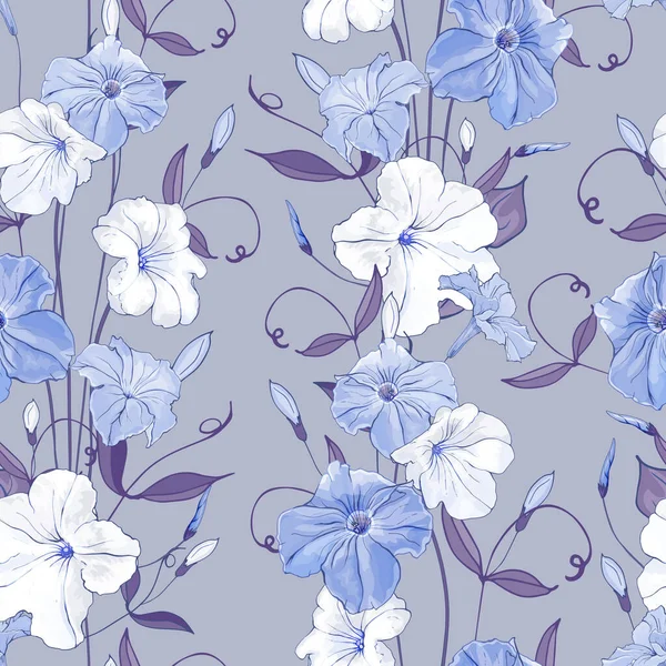 Vector Naadloos Patroon Met Petunia Bloemen Bladeren Bloemen Patroon Voor — Stockvector