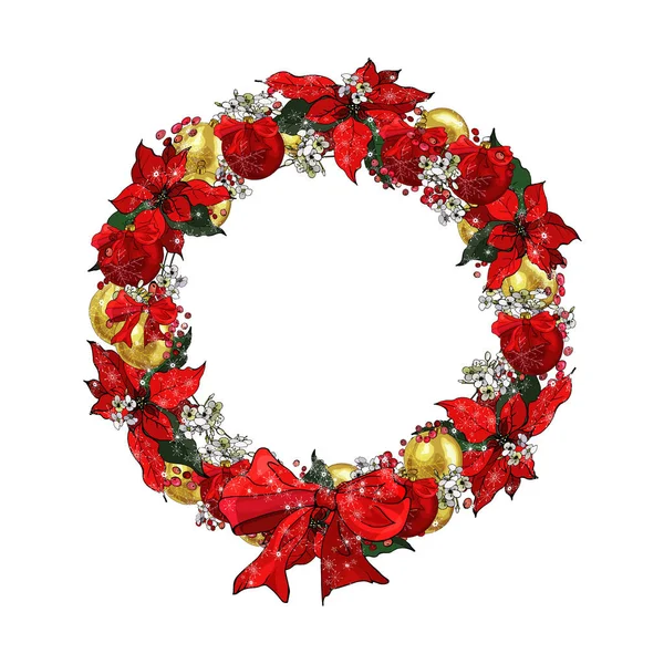 Piękny Wieniec Kwiatowy Bożonarodzeniowych Kulki Izolowane Białym Tle Wektor Ilustracja — Wektor stockowy
