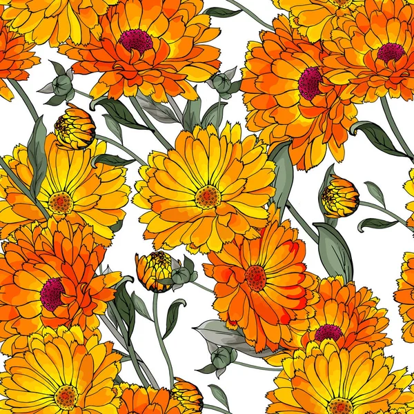 Patrón Sin Costura Vectorial Con Caléndulas Flores Hojas Patrón Floral — Vector de stock