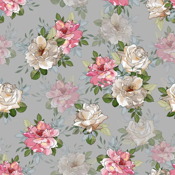 Gül çiçekleri ve yaprakları olan vektörsüz desen, tekstil için çiçek deseni