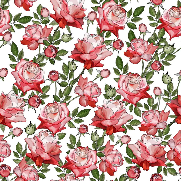 Padrão Sem Costura Vetorial Com Flores Rosas Folhas Padrão Floral — Vetor de Stock