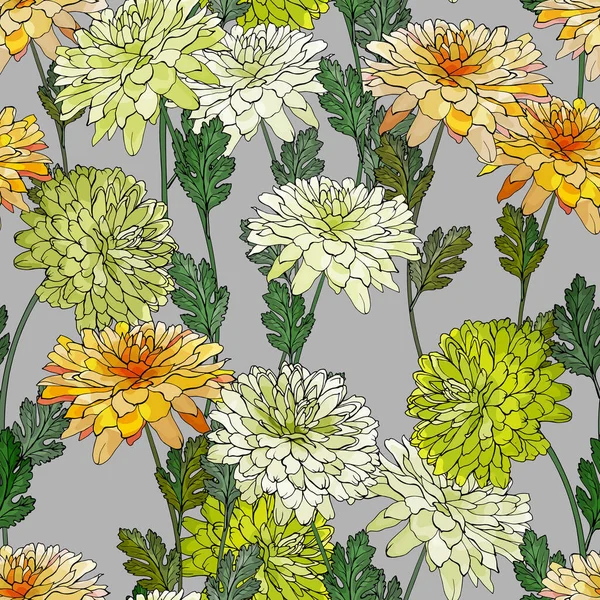 Patrón Sin Costura Vectorial Con Flores Hojas Crisantemos Patrón Floral — Vector de stock