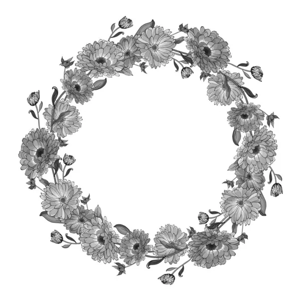 Coroană Florală Frumoasă Flori Calendula Izolate Fundal Alb Vector Ilustrație — Vector de stoc