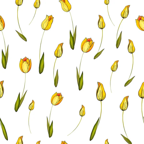 Patrón Sin Costura Vectorial Con Tulipanes Flores Hojas Patrón Floral — Vector de stock