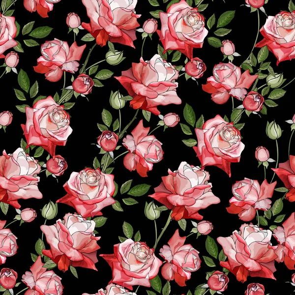 Vektor Zökkenőmentes Minta Rózsa Virágok Levelek Virágmintás Textil — Stock Vector