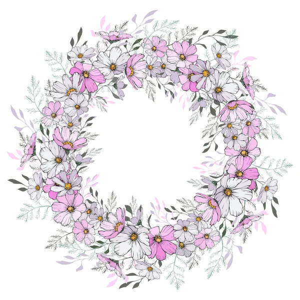 Piękny Wieniec Kwiatowy Kosmosu Kwiaty Izolowane Białym Tle Wektor Ilustracja — Wektor stockowy