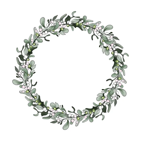 Beyaz arka planda izole edilmiş ökseotu çiçekli güzel Noel çelengi, vektör, resimleme