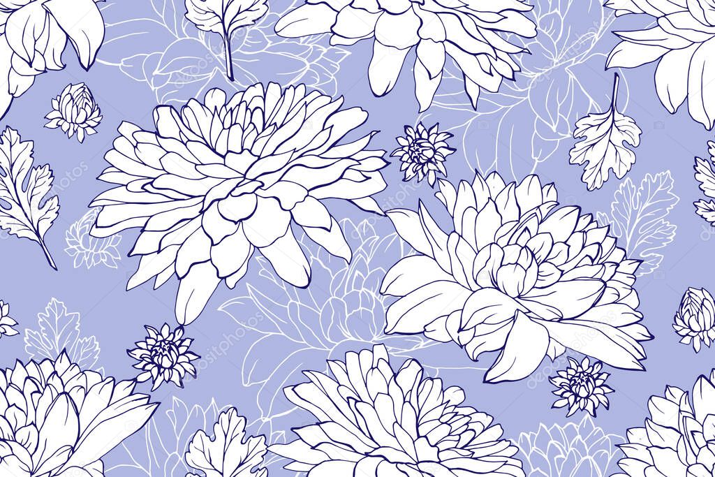 Vector seamless pattern with chrysanthemums flowers and leaves, Floral pattern for textile