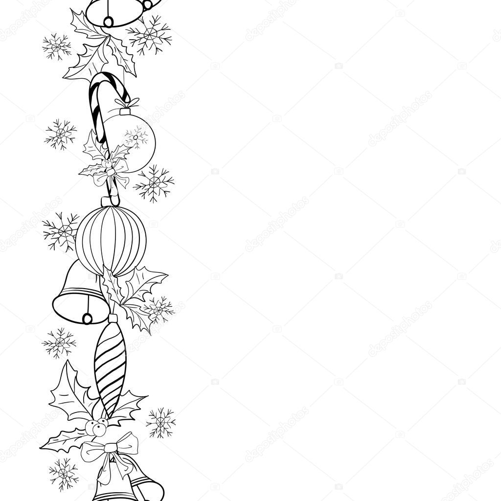 hand drawn Christmas border from branches with baubles and decorations, for festive season design. Vector illustration.