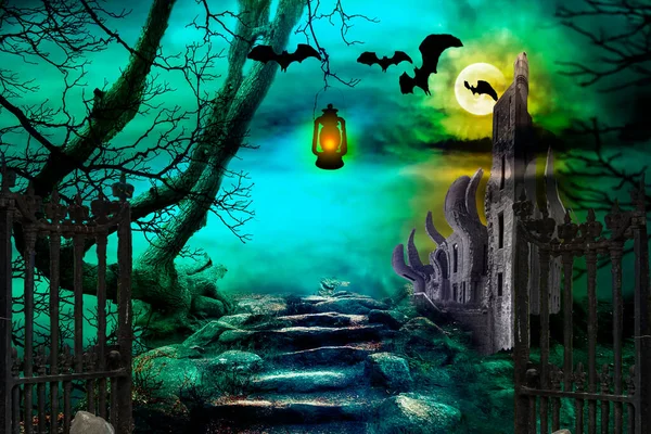 Fondo Halloween Ilustración Colorida Con Bosque Espeluznante Murciélagos Voladores Castillo — Foto de Stock