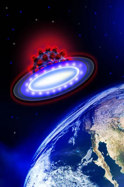 Coronavirus SARS-CoV-2 Covid-19 'lu UFO. Panspermi teorisi. 3 Boyutlu resimleme.