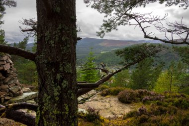 İskoçya manzarası. Ballater 'daki tepenin tepesinden manzara. Royal Deeside, Aberdeenshire, İskoçya, İngiltere. Cairngorms Ulusal Parkı.