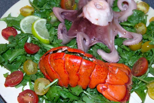 Poulpe Homard Prêts Manger Dans Une Assiette Avec Salade Concept — Photo