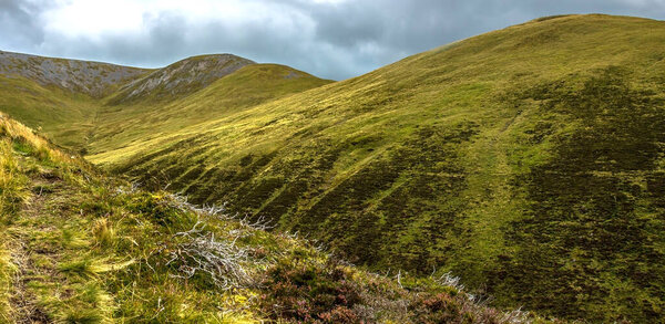 Hiking trail in Cairngorms National Park. Braemar in Royal Deeside, Aberdeenshire, Scotland, UK. 