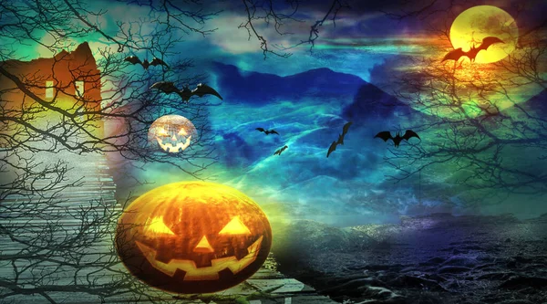 Sfondo Halloween Paesaggio Fantastico Con Jack Lanterna Castello Incantato Pipistrelli — Foto Stock