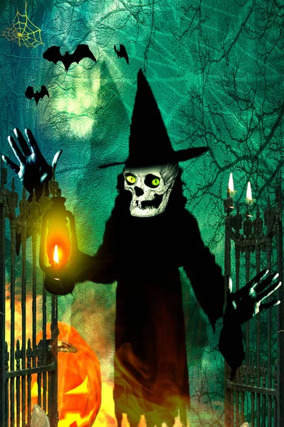 Skrämmande Spöke Med Mänsklig Skalle Halloween Bakgrund — Stockfoto