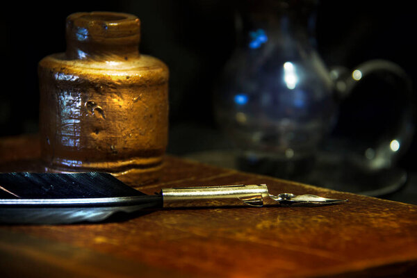 Vintage background. Old fashioned items on a table.
