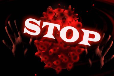 Coronavirus Sars-Cov-2 Covid-19 kavramını durdur. 3 Boyutlu resimleme.