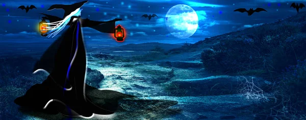 Fondo Halloween Bruja Con Murciélagos Voladores Noche —  Fotos de Stock