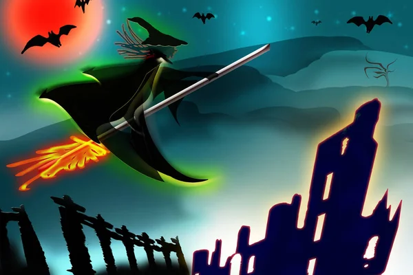 Halloween Hintergrund Hexensilhouette Und Fantasielandschaft — Stockfoto