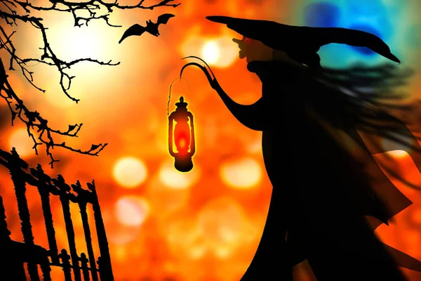 Halloween Pozadí Kouzelnická Silueta Fantasy Scenérie — Stock fotografie