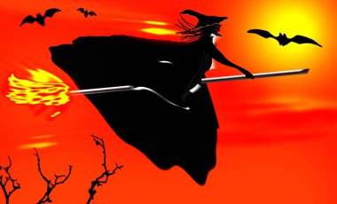 Cadılar Bayramı geçmişi. Süpürgeyle uçan bir cadı.