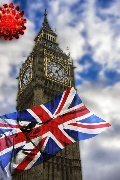 Covid Storbritannien Big Ben London Med Brittisk Flagga Och Coronavirus — Stockfoto