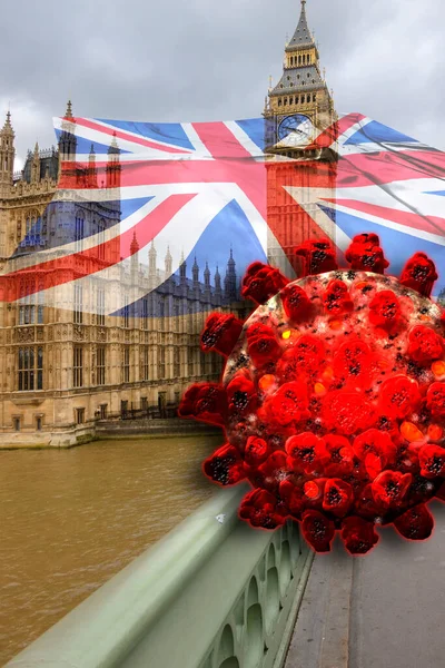 Covid Storbritannien Big Ben London Med Brittisk Flagga Och Coronavirus — Stockfoto