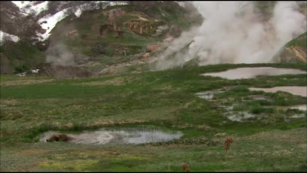 Der Dampf der Geysire. Gefrorene Lava des Vulkans. Tal der Geysire. Kronotsky State Nature Reserve. Halbinsel Kamtschatka, Russland. — Stockvideo