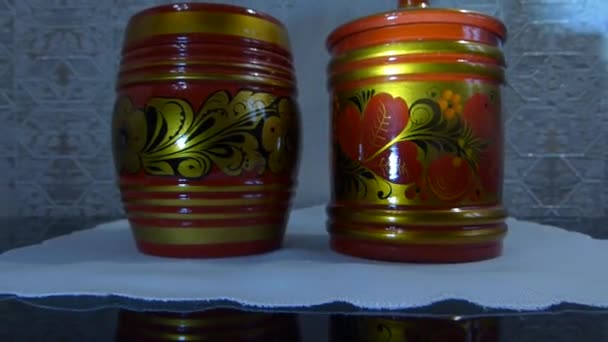 Utensilios Cocina Madera Brillante Khokhloma Una Antigua Artesanía Popular Rusa — Vídeos de Stock