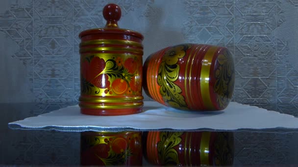 Φωτεινά Ξύλινα Σκεύη Κουζίνας Khokhloma Είναι Μια Αρχαία Ρωσική Λαϊκή — Αρχείο Βίντεο