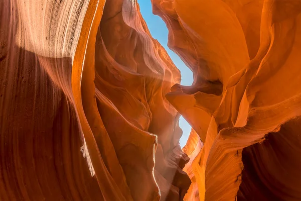 Shafts of light illuminate the canyon walls in lower Antelope Canyon, Page, Arizona