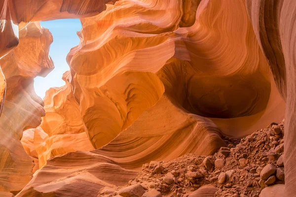 Ljusschakt Belyser Kanjonen Och Cirkulära Strimmor Nedre Antelope Canyon Page — Stockfoto