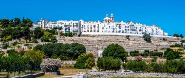 Yaz mevsiminde Locorontondo, Puglia, İtalya 'ya uzanan çiftlik arazisi manzarası