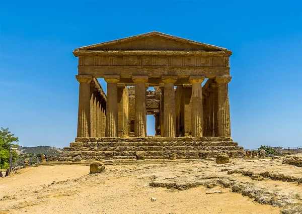 A face on view of the Temple of Concordia in the ancient Sicilian city of Agrigento in summer