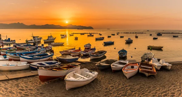 Panorama View Colourful Fishing Boats Aspra Sicily Sun Sets Gulf — Stock Photo, Image