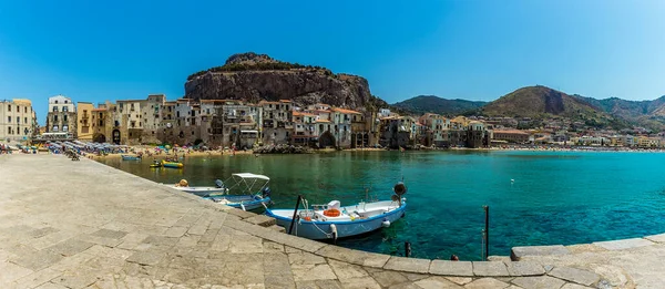 Panorama Utsikt Över Den Gamla Hamnen Cefalu Sicilien Med Mesa — Stockfoto