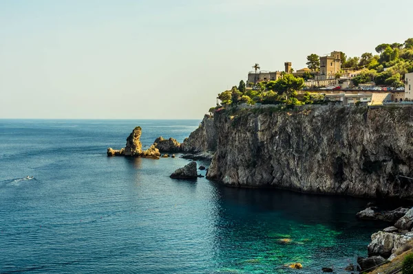 Falaises Empilements Rocheux Long Côte Taormina Sicile Été — Photo