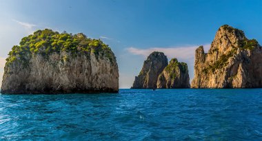 Bitki örtüsü, İtalya 'nın Capri adasının doğu yakasındaki Faraglioni kayalarını süslüyor.