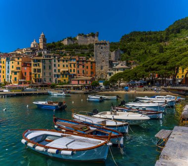 Yazın İtalya 'nın Porto Venere kentindeki renkli binaların önüne demirlemiş küçük balıkçı tekneleri.