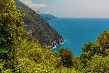 Yazın Monterosso 'dan Vernazza yoluna kadar güneye bakan bir manzara.