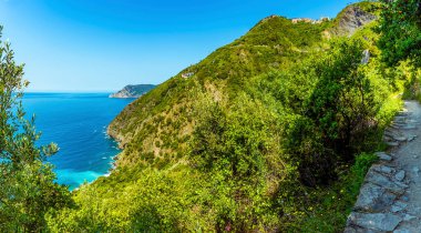 Yazın İtalya 'nın Corniglia köyüne yakın kıyı yolu boyunca kuzeye bakan bir manzara.